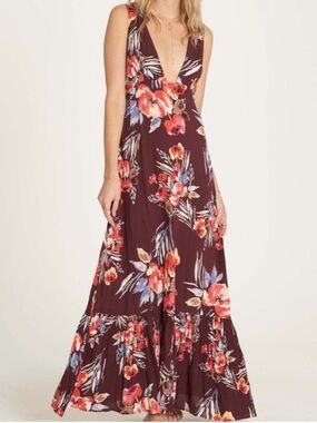 Billabong Floral Open Back Maxi Dress | Boho Tie Back | Burgundy | Size Small
